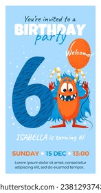 Sixth birthday party invitation with monster, number six, text and balloon. Happy birthday card in flat cartoon style. Vector illustration. All objects are isolated.