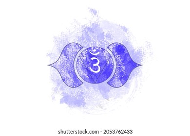 Sixth chakra of Ajna, Third eye chakra logo template in watercolor style. Purple mandala. Sacral sign meditation, yoga icon, vector isolated on white background