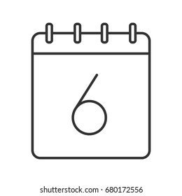 Sixth day of month linear icon. Thin line illustration. Wall calendar with 6 sign. Date contour symbol. Vector isolated outline drawing