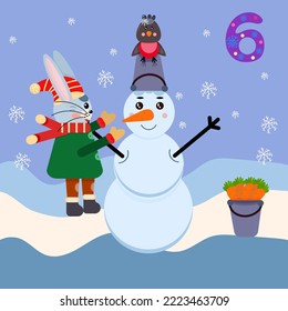 Sixth day of the New Year's advent calendar. A cute bunny is making a snowman. Vector flat cartoon illustration.