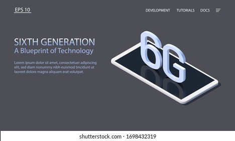 Sechste Generation. Ein Konzept für Technologie. Isometrische Vektorillustration. 3D-Modell eines weißen Smartphones mit den Buchstaben 6G. 