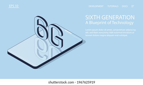 Sechste Generation. Ein Konzept für Technologie. Isometrische Vektorgrafik. 3D-Smartphone mit den Buchstaben 6G. 