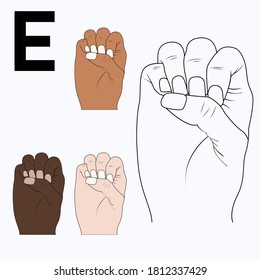 "Е" is the sixth letter of the alphabet in sign language, Russian. Black and white hand drawing, and by skin tones. Vector illustration