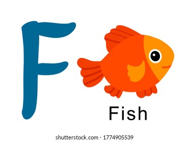 Sixth letter of English alphabet, F, for fish. Vector illustration, orange color, smiling cute fish and word fish. Digitally drawn on tablet. Large font for presentation, sticker, online, print, study