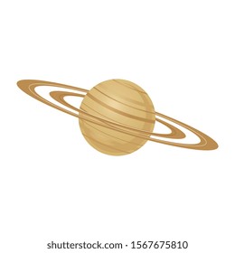 Sixth planet of solar system Saturn with rings in flat style - vector illustration of brown celestial body with cloud layers around isolated on white background for outer space exploration concept.