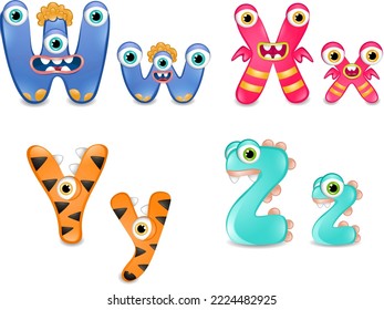 Sixth Set Of Monster Letters On White Background. Colourful Alphabet Of Different Cute Monsters. 