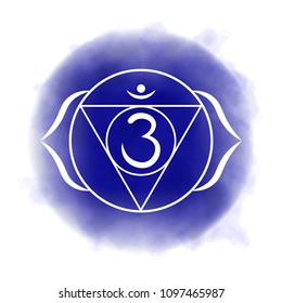 Sixth, third eye chakra - Ajna. Illustration of one of the seven chakras. The symbol of Hinduism, Buddhism. Blue watercolor fog on background.