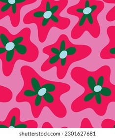 Sixties Abstract Hand-Drawn Liquid Retro Pop Flowers Seamless Pattern