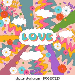 Sixties retro hippie style illustration with word LOVE and abstract patterns. Psychedelic colorful design. Vintage poster.
