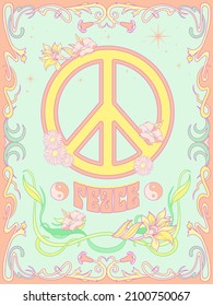 Sixties Retro Peace Poster With Ornate Border And Vector Flowers 