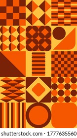 Sixties and seventies retro pattern. Orange, brown and yellow geometric vintage tiles background with squares and circles. Vector wallpaper graphic illustration.
