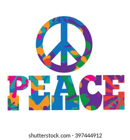 Sixties style mod pop art psychedelic colorful Peace text design. EPS 10 vector.