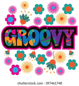 Sixties style mod pop art psychedelic colorful Groovy text design. EPS 10 vector.