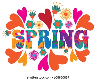 Sixties style mod pop art psychedelic colorful spring text design. For celebration of the spring season. EPS 10 vector.