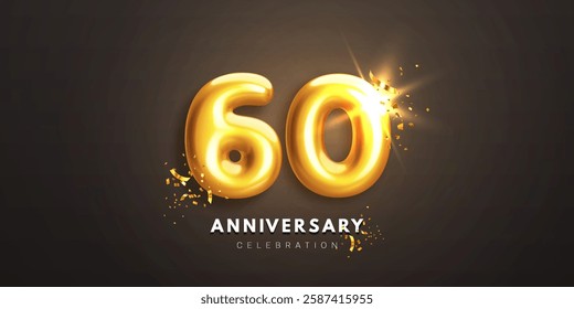 Sixtieth anniversary celebration banner. Realistic glossy 3d golden number 60 and sparkling confetti on black background. Greeting card for birthday or wedding anniversary. Vector illustration