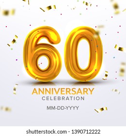 Sixtieth Anniversary Celebration Number Vector. Invitation Jubilee Card Decorated Golden Number Sixty And Flying Tinsel On Background. Poster With Time And Place Of Holiday. 3d Illustration