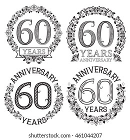Sixtieth anniversary emblems set. Patterned celebration signs in vintage style.