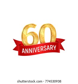 Sixtieth anniversary with red ribbon vector illustration on white background. Golden shiny holiday numbers isolated template