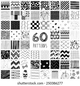 Sixty Abstract Hand Drawn Geometric Black Seamless Pattern Swatches with Transparent Background