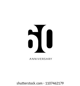 Sixty anniversary, minimalistic logo. Sixtieth years, 60th jubilee, greeting card. Birthday invitation. 60 year sign. Black negative space vector illustration on white background