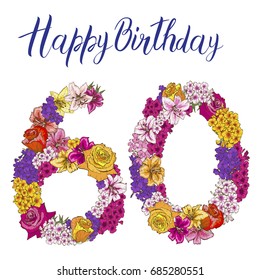 Sixty digit made of different flowers isolated on white background. Happy birthday inscription. Vector illustration