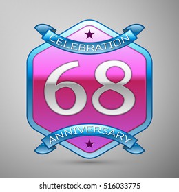 Sixty eight years anniversary celebration silver logo with blue ribbon and purple hexagonal ornament on grey background.