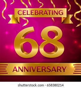 Sixty eight Years Anniversary Celebration Design. Confetti and golden ribbon on pink background. Colorful Vector template elements for your birthday party. Anniversary ribbon