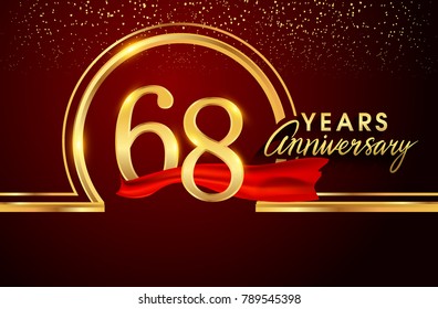 sixty eight years birthday celebration logotype. 68th anniversary logo with confetti and golden ring, red ribbon isolated on red background, vector design for greeting card and invitation card.