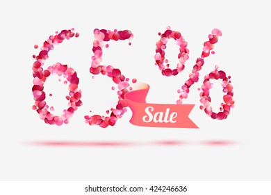sixty five (65) percents sale. Vector digits of pink rose petals