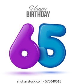 sixty five birthday greeting card template with 3d shiny number sixty five balloon on white background. Birthday party greeting, invitation card, banner with number 65 shaped balloon