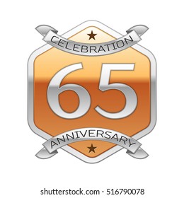 Sixty five years anniversary celebration silver logo with silver ribbon and golden hexagonal ornament on white background.