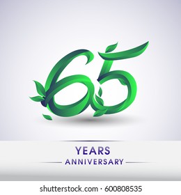 sixty five years anniversary celebration logotype with leaf and green colored. 65th birthday logo on white background.