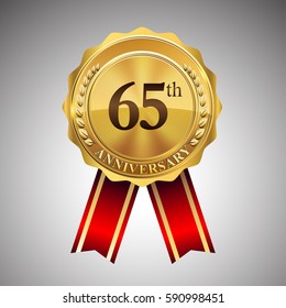 sixty five years anniversary logotype, with golden badge and red ribbon, vector elements for birthday celebration