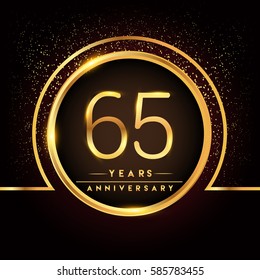 sixty five years birthday celebration logotype. 65th anniversary logo with confetti and golden ring isolated on black background, vector design for greeting card and invitation card.