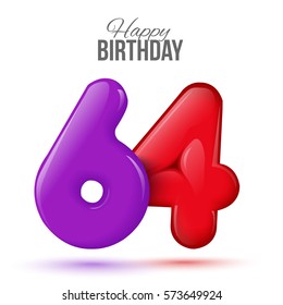 sixty four birthday greeting card template with 3d shiny number sixty four balloon on white background. Birthday party greeting, invitation card, banner with number 64 shaped balloon