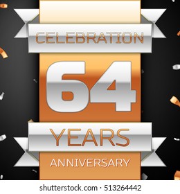 Sixty four years anniversary celebration golden and silver background. Anniversary ribbon