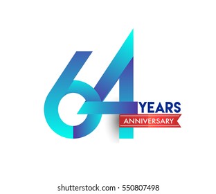 sixty four years anniversary celebration logotype blue colored with red ribbon. 64th birthday logo on white background