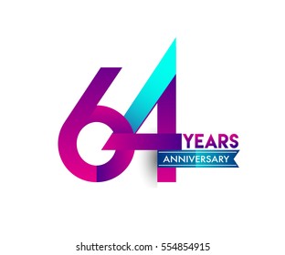 sixty four years anniversary celebration logotype colorfull design with blue ribbon, 64th birthday logo on white background