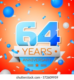 Sixty four years anniversary celebration on orange background. Anniversary ribbon