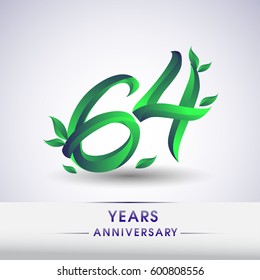 sixty four years anniversary celebration logotype with leaf and green colored. 64th birthday logo on white background.