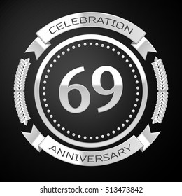 Sixty nine years anniversary celebration with silver ring and ribbon on black background. Vector illustration