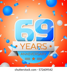 Sixty nine years anniversary celebration on orange background. Anniversary ribbon