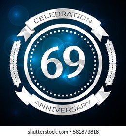 Sixty nine years anniversary celebration with silver ring and ribbon on blue background. Vector illustration