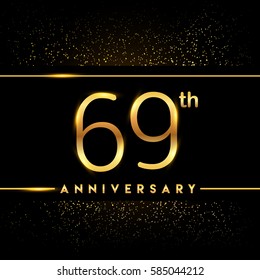 sixty nine years anniversary celebration logotype. 69th anniversary logo with confetti golden colored isolated on black background, vector design for greeting card and invitation card