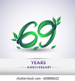 sixty nine years anniversary celebration logotype with leaf and green colored. 69th birthday logo on white background.