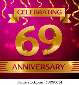 Sixty nine Years Anniversary Celebration Design. Confetti and golden ribbon on pink background. Colorful Vector template elements for your birthday party. Anniversary ribbon