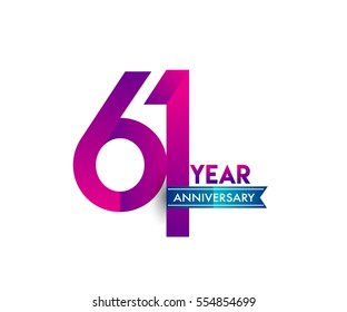 sixty one years anniversary celebration logotype colorfull design with blue ribbon, 61st birthday logo on white background