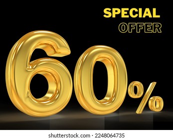 sixty percent off with black background and 3d gold lettering