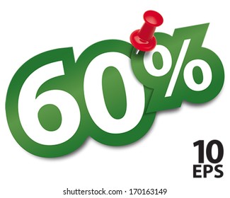 Sixty percent sticker fixed by a thumbtack. Vector illustration