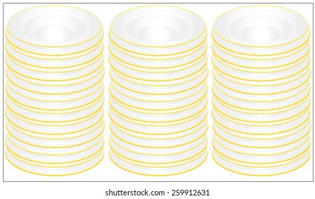Sixty plates, thirty sets, shallow, deep, all with gold trim and a delicate gold decoration on the edge